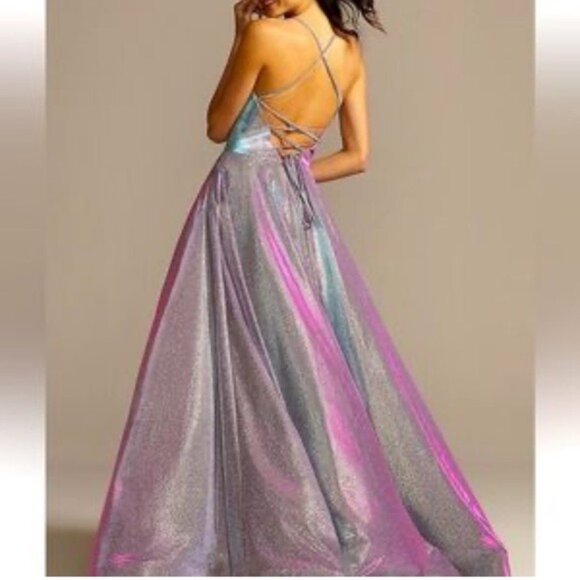 NEW Iridescent Ball Gown with Strappy Lace-Up Back Full Length Maxi Prom Dance 3 - Picture 2 of 9